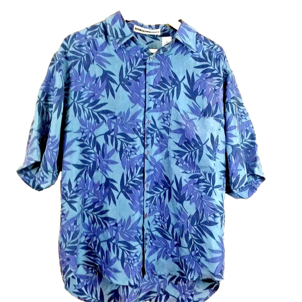 Fenn Wright & Manson Silk Hawaiian Shirt Mens Medium Blue Floral Short Sleeve